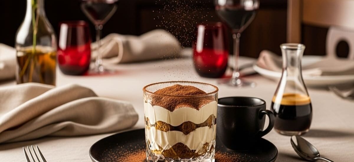 sobremesa tiramisu clássica italiana com camadas de café e mascarpone polvilhada com cacau