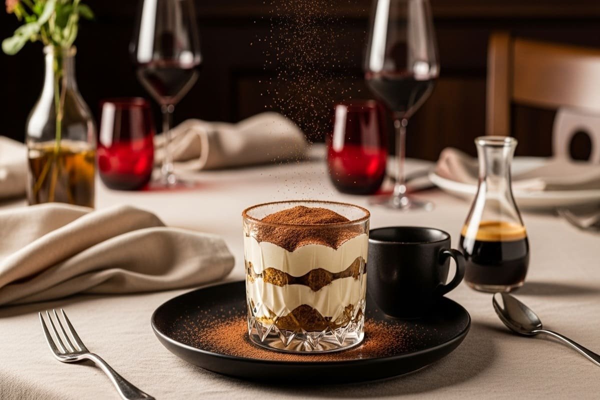 sobremesa tiramisu clássica italiana com camadas de café e mascarpone polvilhada com cacau