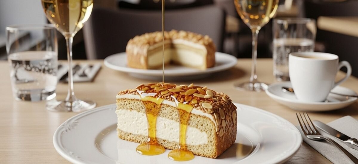 Fatias de Bienenstich alemão cortadas, mostrando massa fermentada dourada, creme pâtissier cremoso e crosta caramelizada de amêndoas com mel, em composição clean com fundo neutro. Receita clássica 'Picada de Abelha' para 12 porções em 4h40min — sobremesa reconfortante de outono.