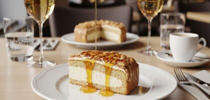 Fatias de Bienenstich alemão cortadas, mostrando massa fermentada dourada, creme pâtissier cremoso e crosta caramelizada de amêndoas com mel, em composição clean com fundo neutro. Receita clássica 'Picada de Abelha' para 12 porções em 4h40min — sobremesa reconfortante de outono.