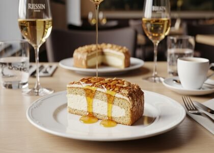 Fatias de Bienenstich alemão cortadas, mostrando massa fermentada dourada, creme pâtissier cremoso e crosta caramelizada de amêndoas com mel, em composição clean com fundo neutro. Receita clássica 'Picada de Abelha' para 12 porções em 4h40min — sobremesa reconfortante de outono.