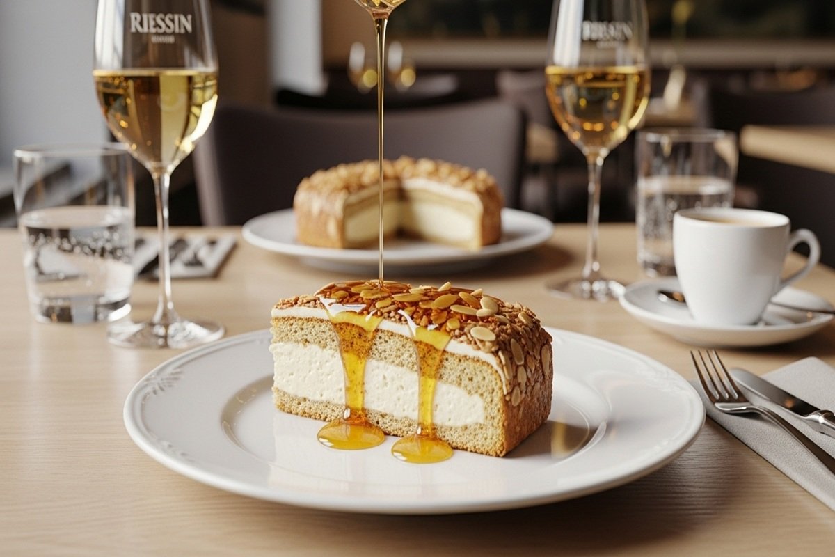 Fatias de Bienenstich alemão cortadas, mostrando massa fermentada dourada, creme pâtissier cremoso e crosta caramelizada de amêndoas com mel, em composição clean com fundo neutro. Receita clássica 'Picada de Abelha' para 12 porções em 4h40min — sobremesa reconfortante de outono.