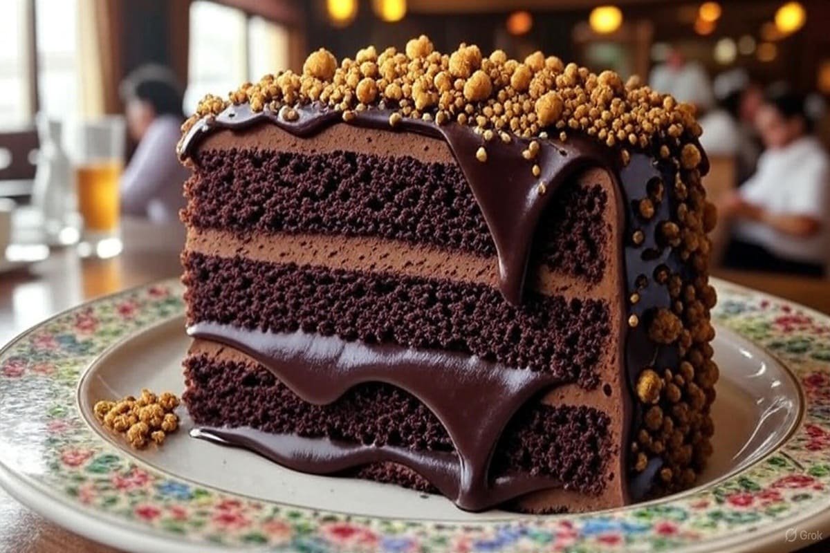 Close-up de bolo de chocolate e paçoca com brigadeiro cremoso derretendo, decorado com paçoca esfarelada — sobremesa indulgente para ceia de Natal brasileira.