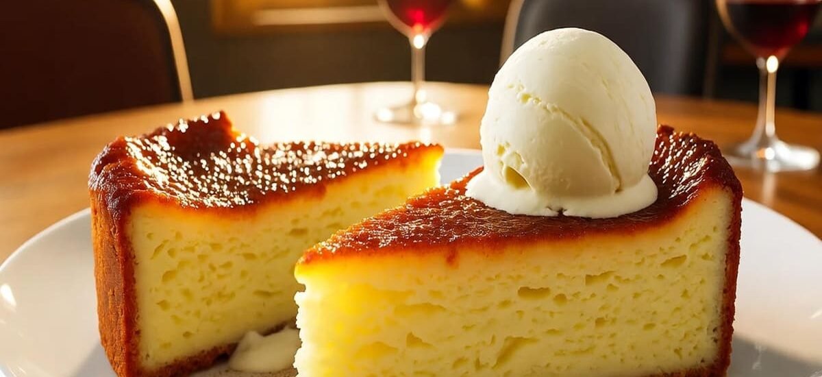 Close-up de fatia de bolo de milho brulée dourado com creme queimado e sorvete de canela cremoso derretendo, fundo aconchegante de outono — sobremesa indulgente fácil para dias frios.