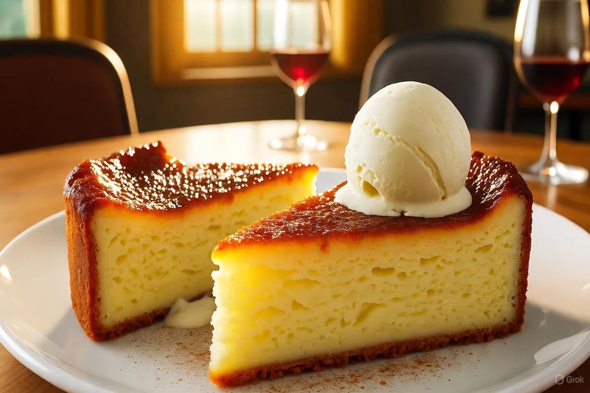 Close-up de fatia de bolo de milho brulée dourado com creme queimado e sorvete de canela cremoso derretendo, fundo aconchegante de outono — sobremesa indulgente fácil para dias frios.