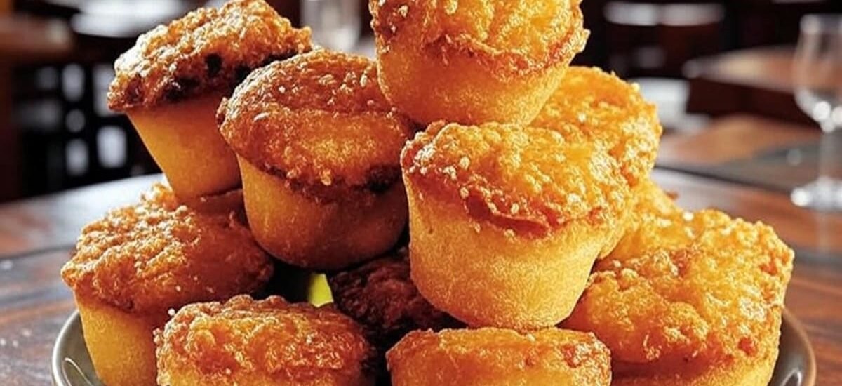 Close-up de bombocado dourado úmido com fios de coco e queijo derretido, servido quente em forma — sobremesa brasileira saborosa para ceia.