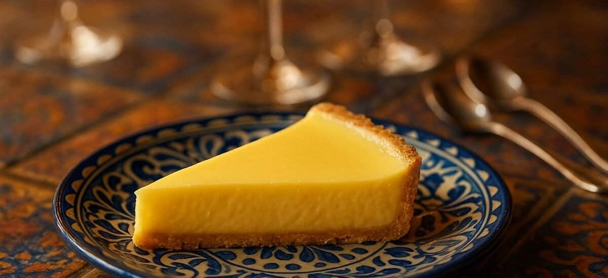 Close-up de fatia de carlota de limão amarela aveludada com crosta de biscoito e colheres prateadas, fundo azul azulejo com tons cítricos — sobremesa tropical refrescante para dias quentes de novembro.