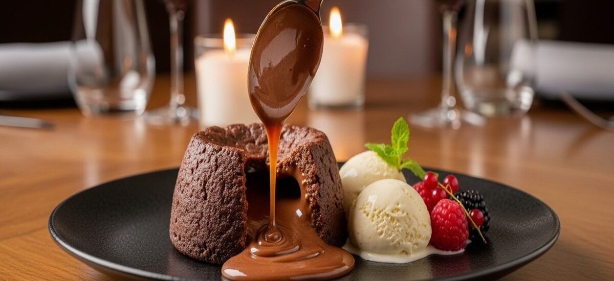 Close-up elegante de Fondant de Chocolate Quente francês, com centro derretido escorrendo como lava vulcânica, servido com sorvete de baunilha, framboesas e amoras em prato preto. Fundo romântico com velas e vinho tinto — receita gourmet para 6 porções em 45 minutos.
