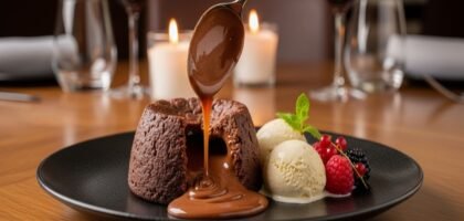 Close-up elegante de Fondant de Chocolate Quente francês, com centro derretido escorrendo como lava vulcânica, servido com sorvete de baunilha, framboesas e amoras em prato preto. Fundo romântico com velas e vinho tinto — receita gourmet para 6 porções em 45 minutos.