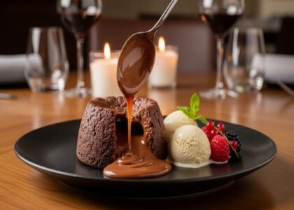 Close-up elegante de Fondant de Chocolate Quente francês, com centro derretido escorrendo como lava vulcânica, servido com sorvete de baunilha, framboesas e amoras em prato preto. Fundo romântico com velas e vinho tinto — receita gourmet para 6 porções em 45 minutos.