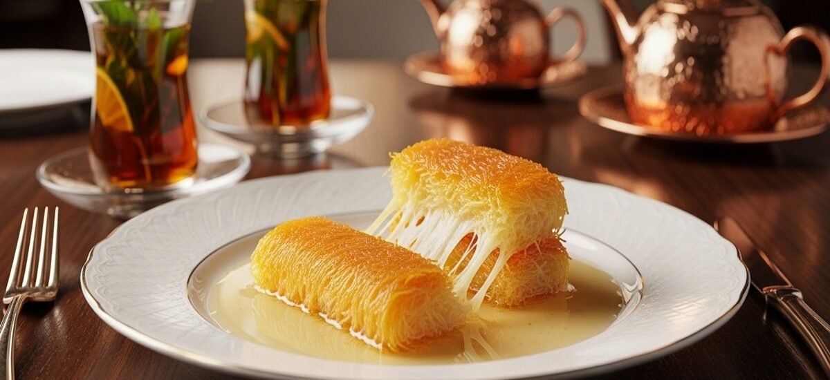 Close-up irresistível de Knafeh Nabulsiyeh, sobremesa palestina com fios crocantes de massa kadaif puxando queijo derretido elástico, regado em calda doce de flor de laranjeira, servido em prato branco com pistaches. Ao fundo, chá turco com limão e chaleiras de cobre em mesa rústica — receita tradicional árabe para 8 porções em 1h15min.