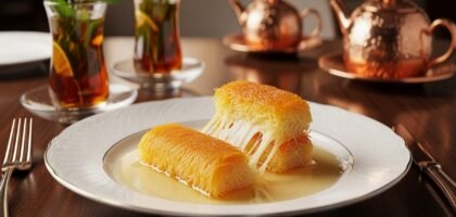 Close-up irresistível de Knafeh Nabulsiyeh, sobremesa palestina com fios crocantes de massa kadaif puxando queijo derretido elástico, regado em calda doce de flor de laranjeira, servido em prato branco com pistaches. Ao fundo, chá turco com limão e chaleiras de cobre em mesa rústica — receita tradicional árabe para 8 porções em 1h15min.