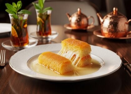 Close-up irresistível de Knafeh Nabulsiyeh, sobremesa palestina com fios crocantes de massa kadaif puxando queijo derretido elástico, regado em calda doce de flor de laranjeira, servido em prato branco com pistaches. Ao fundo, chá turco com limão e chaleiras de cobre em mesa rústica — receita tradicional árabe para 8 porções em 1h15min.
