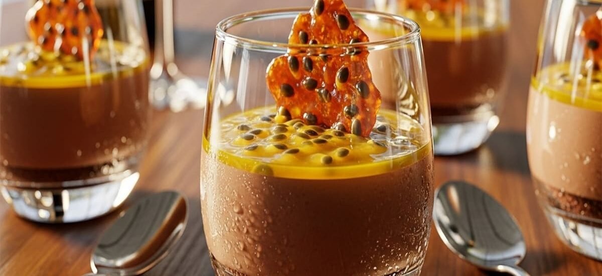 Close-up de taça de mousse passion com camadas de chocolate aveludado, maracujá azedo e crocante salgado — sobremesa exótica equilibrada para dias quentes.