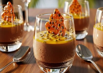Close-up de taça de mousse passion com camadas de chocolate aveludado, maracujá azedo e crocante salgado — sobremesa exótica equilibrada para dias quentes.
