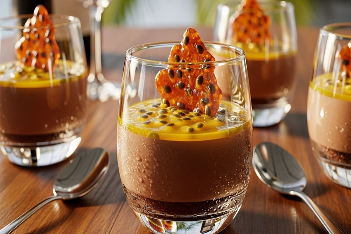 Close-up de taça de mousse passion com camadas de chocolate aveludado, maracujá azedo e crocante salgado — sobremesa exótica equilibrada para dias quentes.