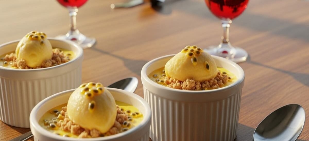 Panacota cremosa de maracujá em taça transparente, topped com crumble branco crocante e sorbet de frutas cítricas gelado, iluminação tropical suave — receita fácil para sobremesa refrescante de verão.