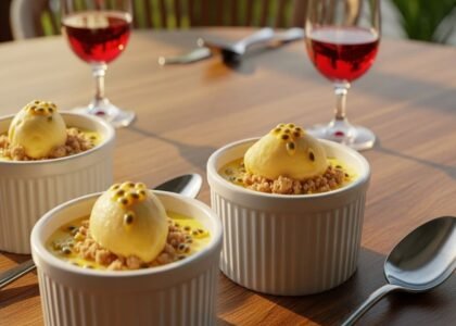 Panacota cremosa de maracujá em taça transparente, topped com crumble branco crocante e sorbet de frutas cítricas gelado, iluminação tropical suave — receita fácil para sobremesa refrescante de verão.