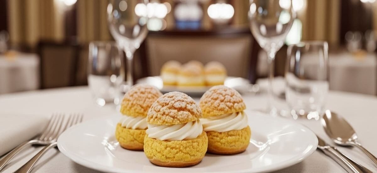 Close-up de profiteroles dourados com recheio de baunilha cremoso vazando e cobertura de chocolate, em arranjo festivo — sobremesa francesa sofisticada.