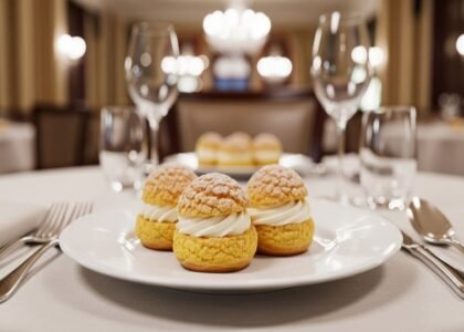 Close-up de profiteroles dourados com recheio de baunilha cremoso vazando e cobertura de chocolate, em arranjo festivo — sobremesa francesa sofisticada.