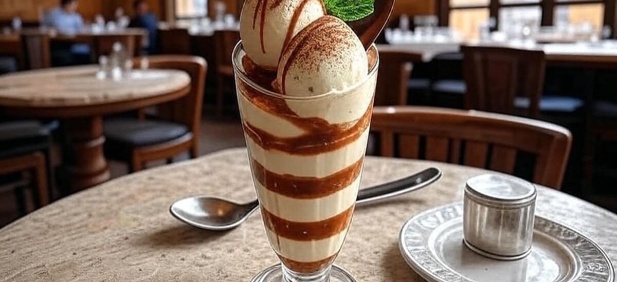 Close-up de porção de queso helado cremoso com camadas de dulce de leche e canela, textura gelada e fios dourados — sobremesa peruana indulgente para praia.