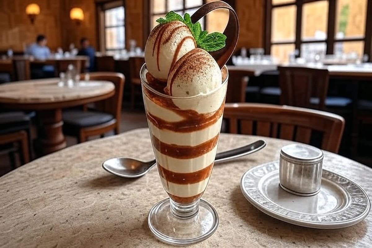 Close-up de porção de queso helado cremoso com camadas de dulce de leche e canela, textura gelada e fios dourados — sobremesa peruana indulgente para praia.