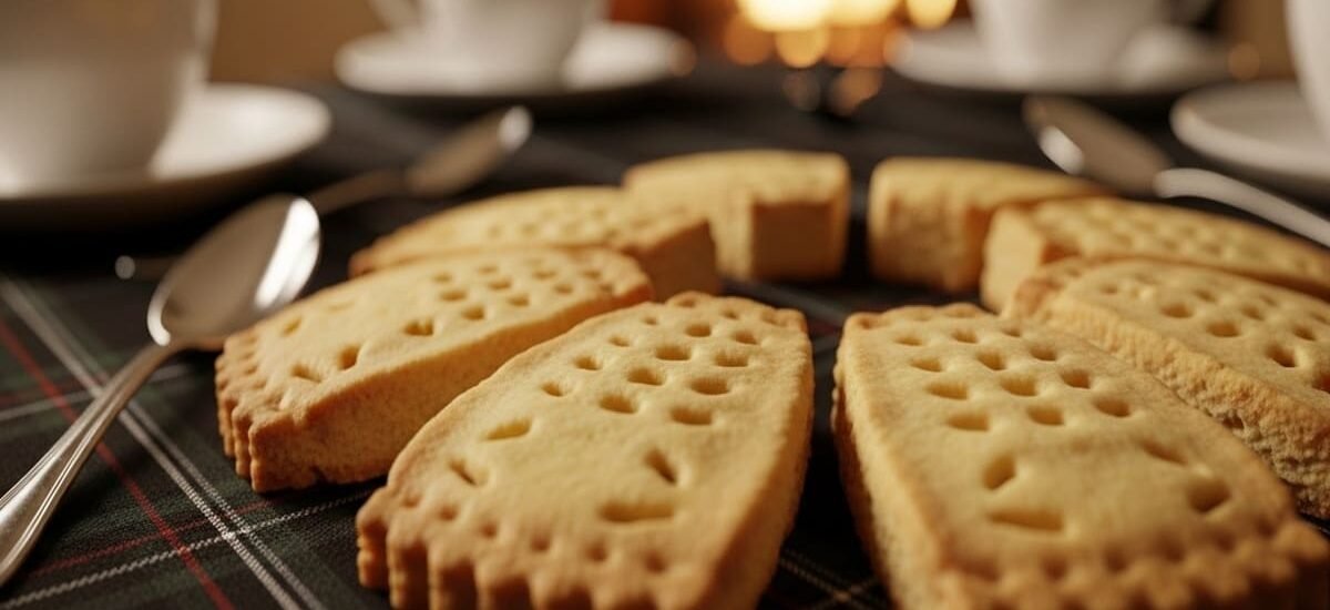 Close-up de petticoat tails shortbread crocante com bordas caneladas e textura derretendo, arrumado em torre de chá — sobremesa escocesa clássica para dias frios.