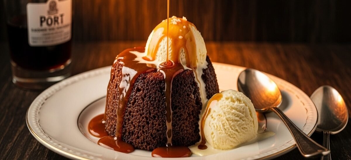 Sticky Toffee Pudding servido com calda quente de caramelo salgado em prato de porcelana, com textura úmida e brilho dourado.