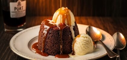 Sticky Toffee Pudding servido com calda quente de caramelo salgado em prato de porcelana, com textura úmida e brilho dourado.