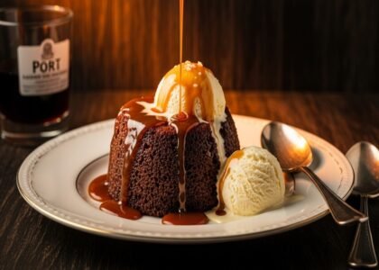 Sticky Toffee Pudding servido com calda quente de caramelo salgado em prato de porcelana, com textura úmida e brilho dourado.