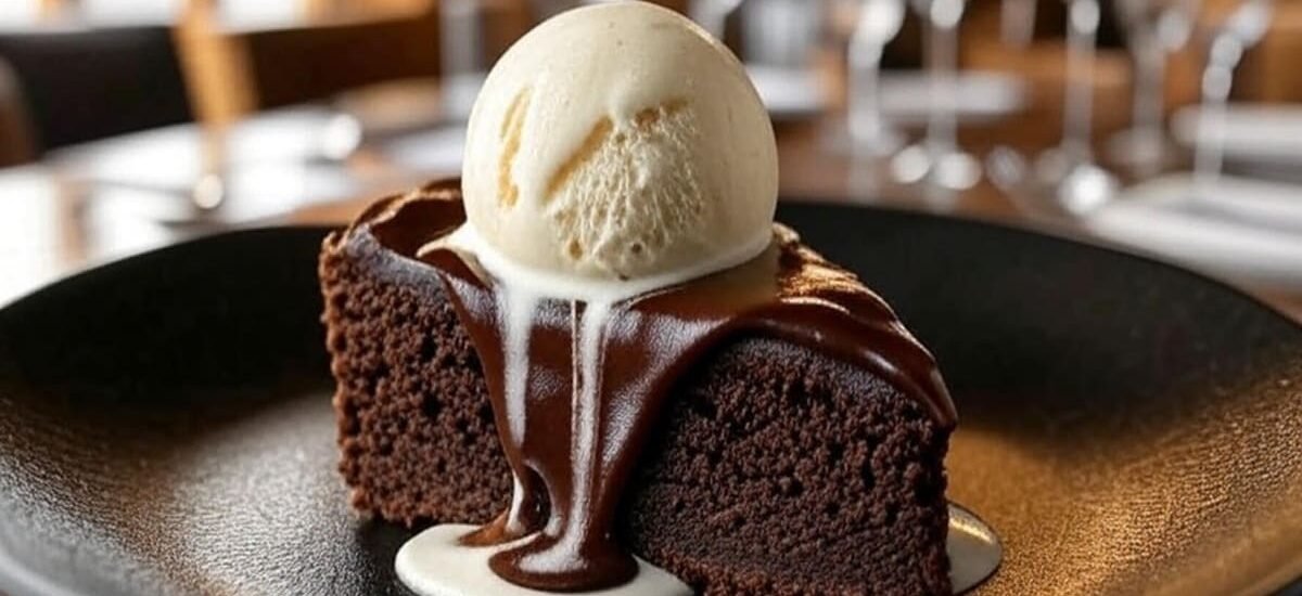 Fatia generosa de torta brownie de chocolate úmido, coberta por ganache cremosa de cupuaçu dourado escorrendo e sorvete de tapioca cremoso ao lado, em prato rústico com fundo de madeira — receita amazônica indulgente para sobremesa de novembro.