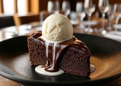 Fatia generosa de torta brownie de chocolate úmido, coberta por ganache cremosa de cupuaçu dourado escorrendo e sorvete de tapioca cremoso ao lado, em prato rústico com fundo de madeira — receita amazônica indulgente para sobremesa de novembro.