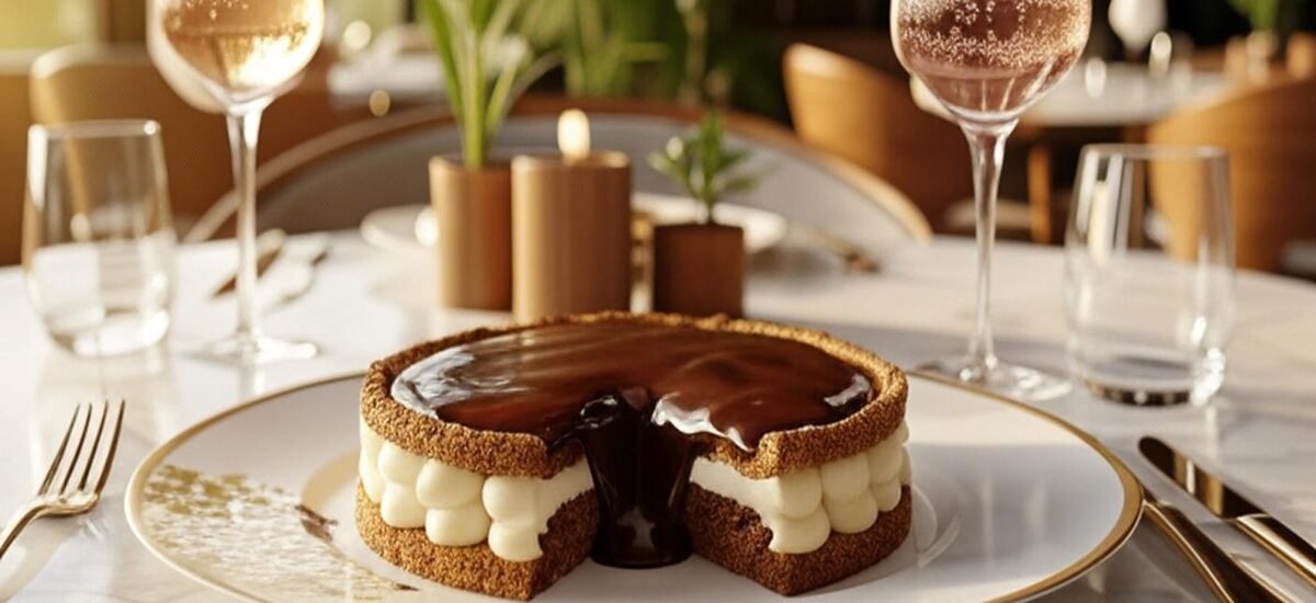 Torta Pavê Trufada estilo Coco Bambu em corte quadrado, revelando camadas glossy de creme branco aveludado e trufa de chocolate belga, garnished com raspas douradas, pérolas de chocolate e pó de cacau. Fundo clean e luxuoso — receita sofisticada para 10 porções em 4h40min.