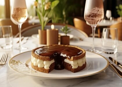 Torta Pavê Trufada estilo Coco Bambu em corte quadrado, revelando camadas glossy de creme branco aveludado e trufa de chocolate belga, garnished com raspas douradas, pérolas de chocolate e pó de cacau. Fundo clean e luxuoso — receita sofisticada para 10 porções em 4h40min.