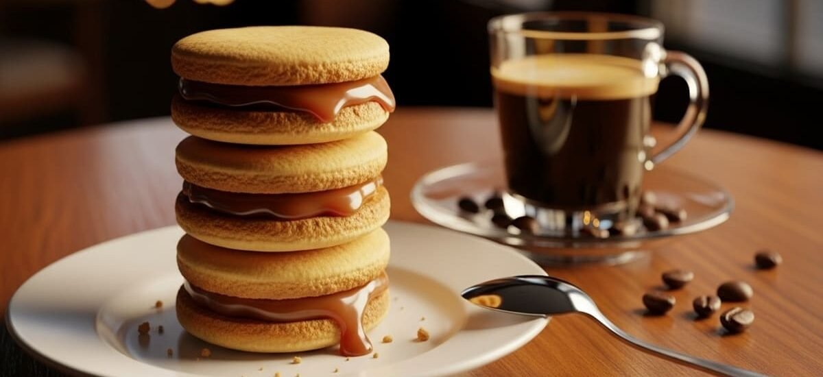 Alfajores de maicena empilhados, com recheio cremoso de doce de leite e coco ralado — sobremesa tradicional e irresistível
