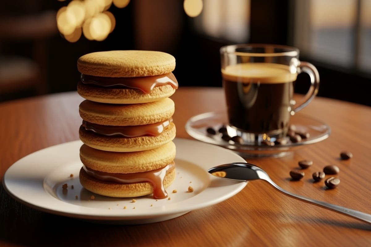 Alfajores de maicena empilhados, com recheio cremoso de doce de leite e coco ralado — sobremesa tradicional e irresistível