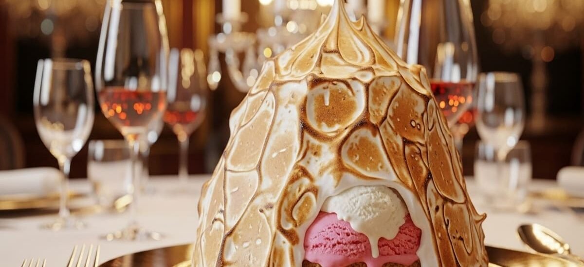 Baked Alaska Clássico — sobremesa gelada com merengue dourado e interior de sorvete