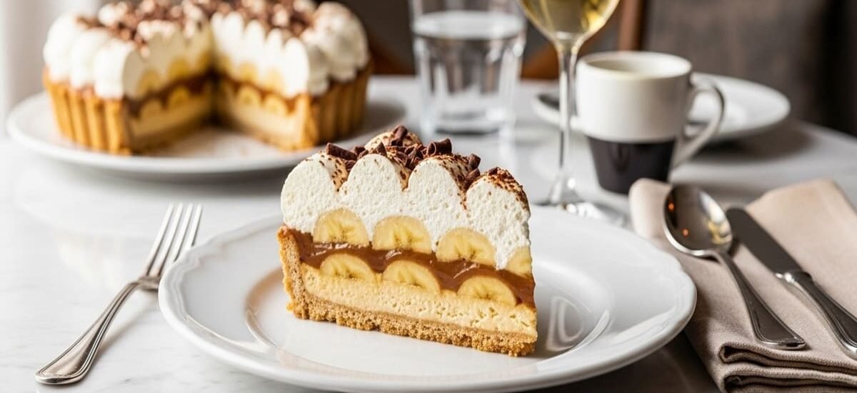 Fatia de torta Banoffee clássica com camadas de doce de leite, banana e chantilly, servida em prato de porcelana.