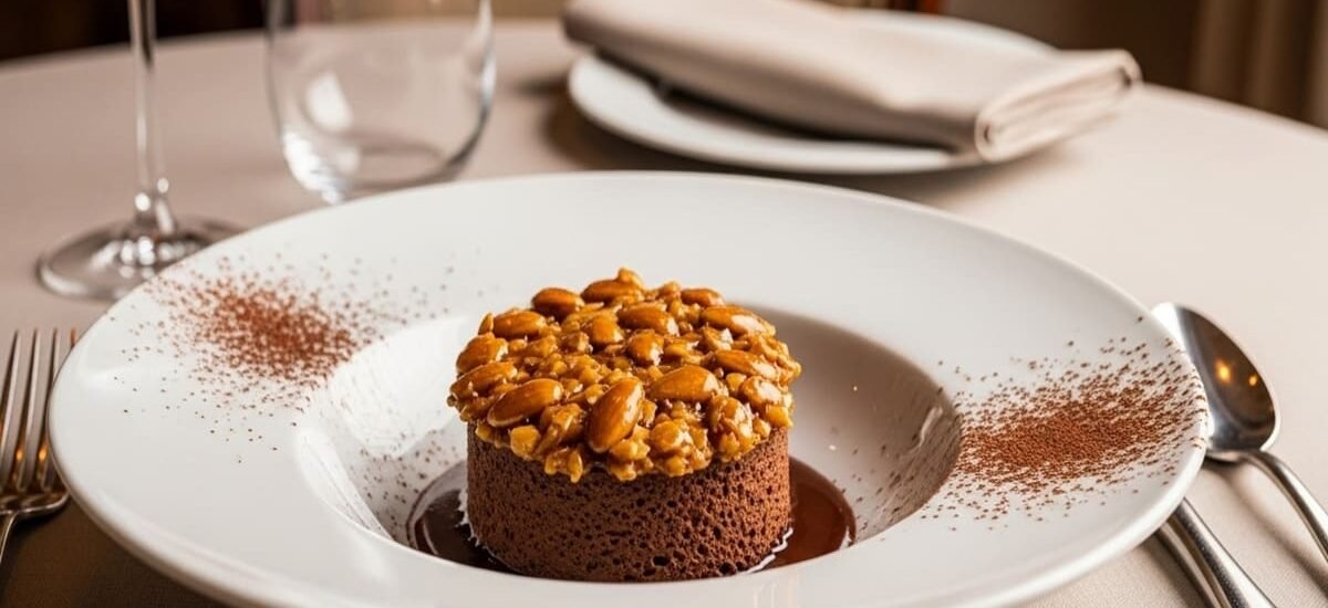 Bavarois de chocolate servido em prato de porcelana com crocante de amêndoas douradas no topo — sobremesa francesa elegante.