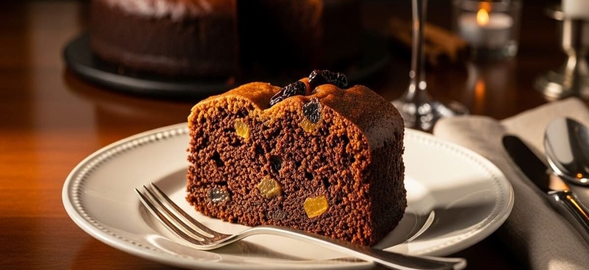 Fatia de bolo negro caribenho com frutas secas embebidas em rum, servida em prato de porcelana sobre mesa elegante.