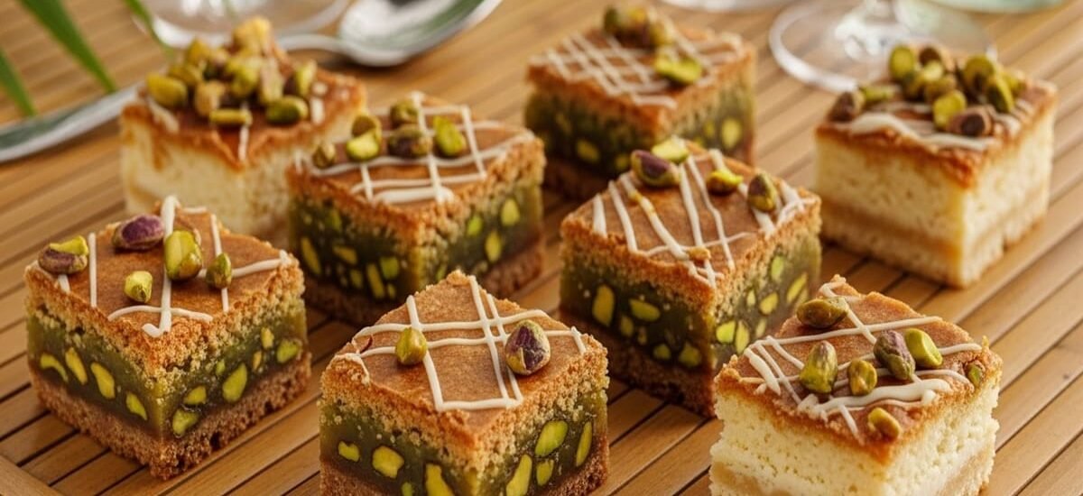 Blondie de pistache dourado servido com calda cremosa e pedaços crocantes de pistache — sobremesa gourmet