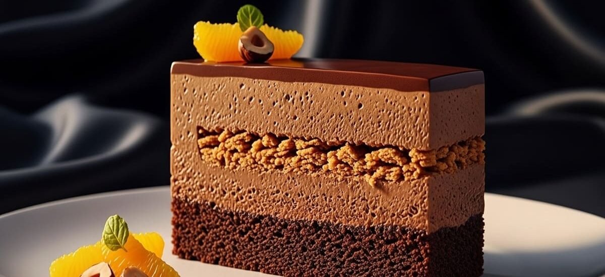 “Fatias de bolo de chocolate com mousse de laranja visível e cobertura crocante de avelã — doce sofisticado