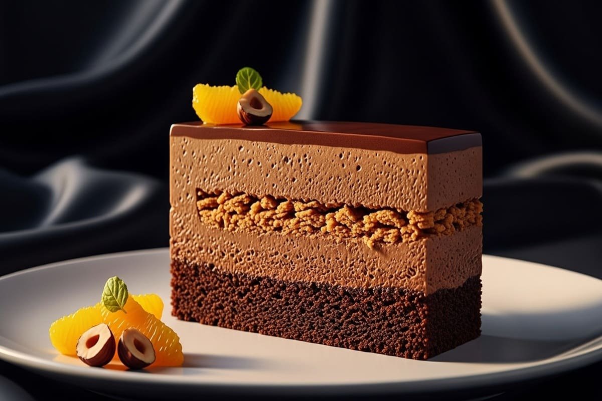 “Fatias de bolo de chocolate com mousse de laranja visível e cobertura crocante de avelã — doce sofisticado
