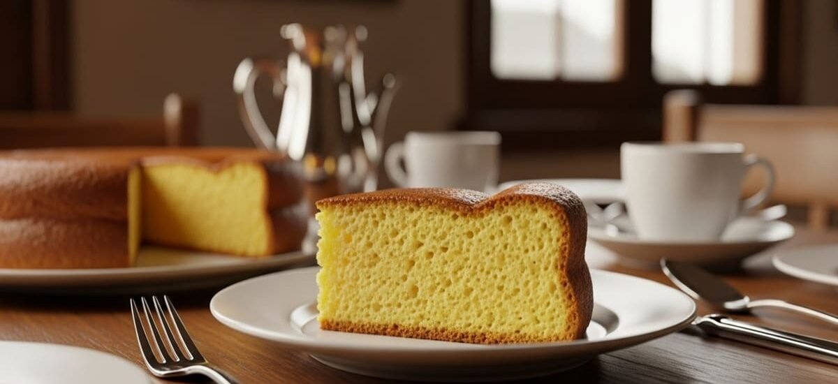 Bolo de fubá cremoso dourado cortado em pedaços sobre mesa de madeira, servido com café