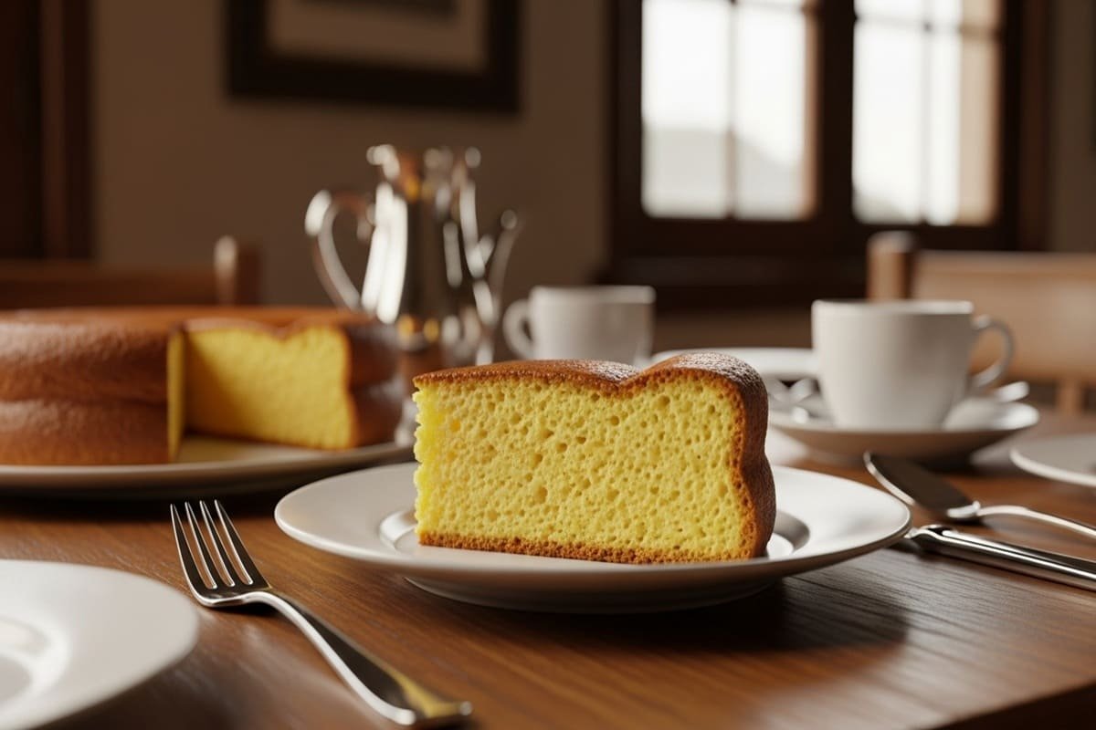 Bolo de fubá cremoso dourado cortado em pedaços sobre mesa de madeira, servido com café