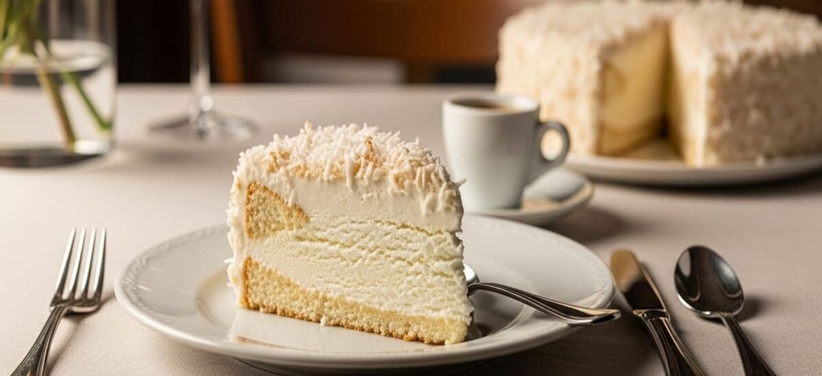 Bolo gelado de coco cremoso servido em prato branco — sobremesa tropical com textura úmida e cobertura de coco ralado.