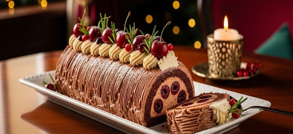 Tronco de Natal (Bûche de Noël) de chocolate e cereja decorado com cerejas frescas e açúcar em pó sobre mesa de Natal elegante.
