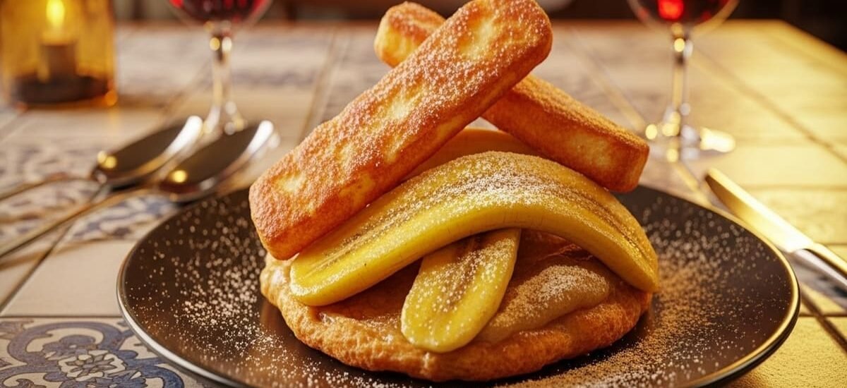 Close-up de cartola pernambucana frita com crosta dourada de banana e queijo coalho, canela polvilhada — sobremesa regional para piqueniques de verão 2026.