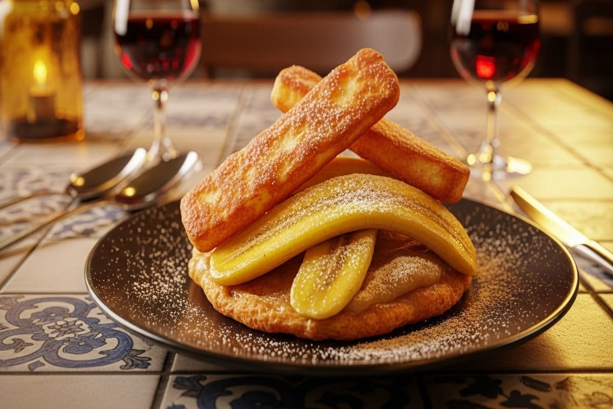 Close-up de cartola pernambucana frita com crosta dourada de banana e queijo coalho, canela polvilhada — sobremesa regional para piqueniques de verão 2026.