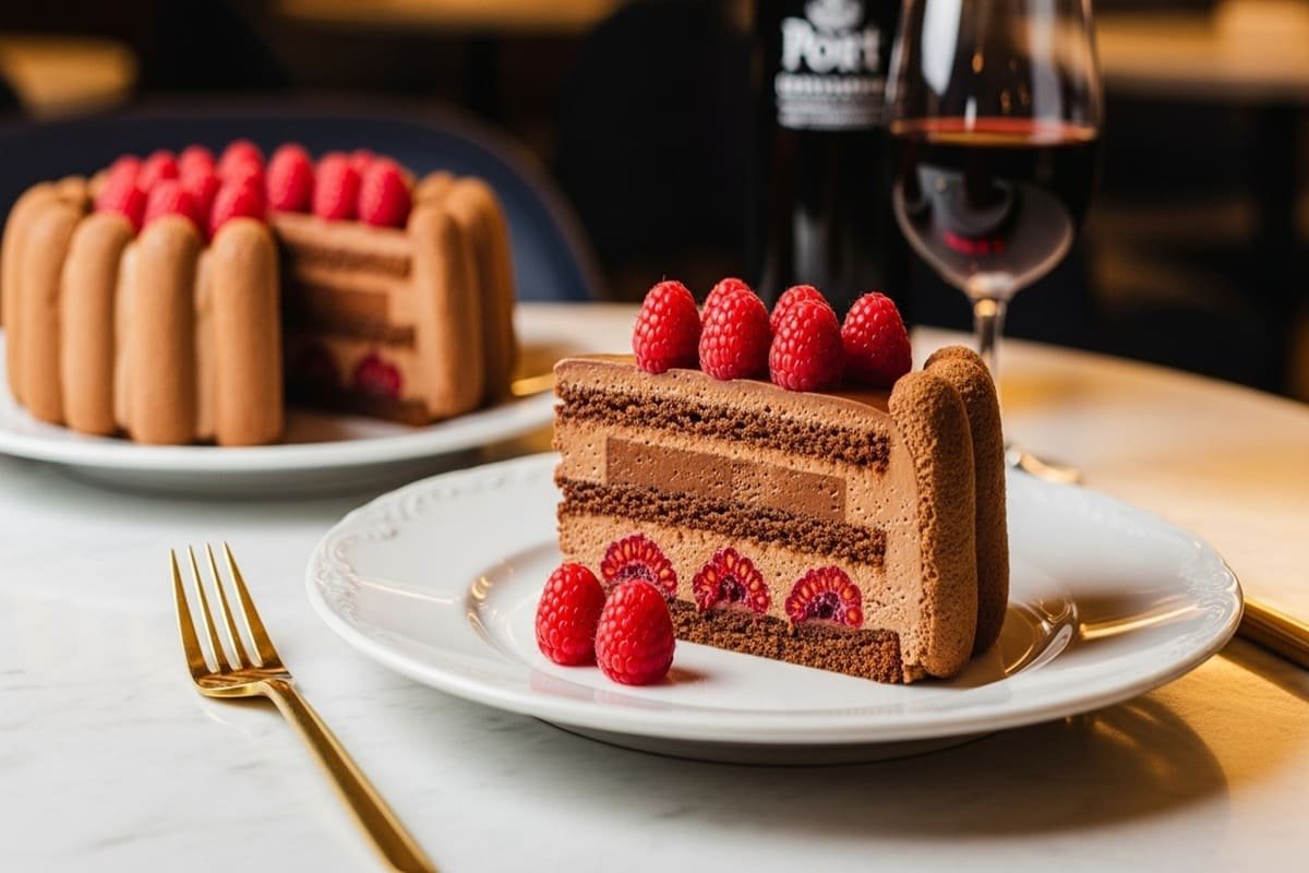 Charlotte Royale de chocolate e framboesa servida em prato de porcelana, com framboesas frescas e calda rubi — sobremesa luxuosa e refinada